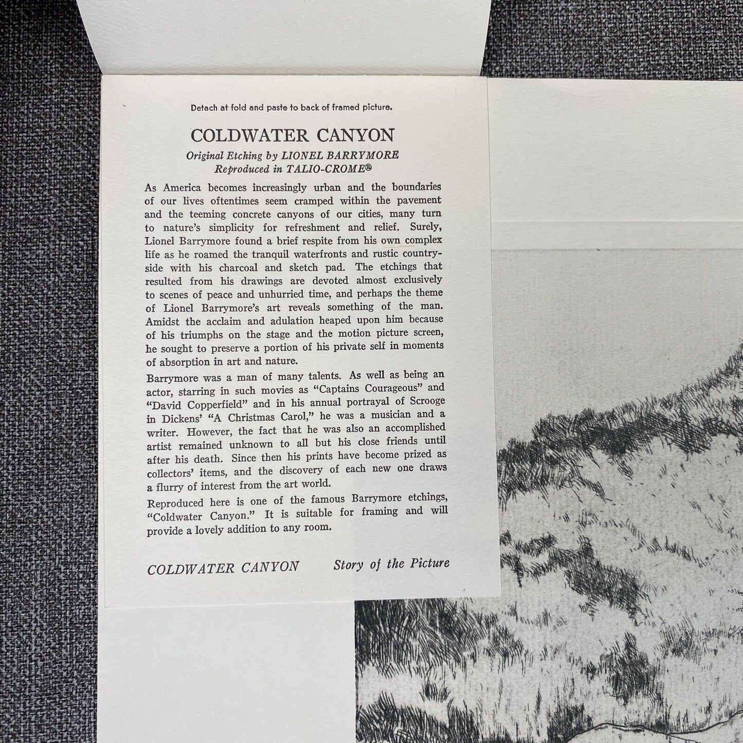 Vintage Lionel Barrymore Talio-Chrome Etching 'Cold Water Canyon' Western