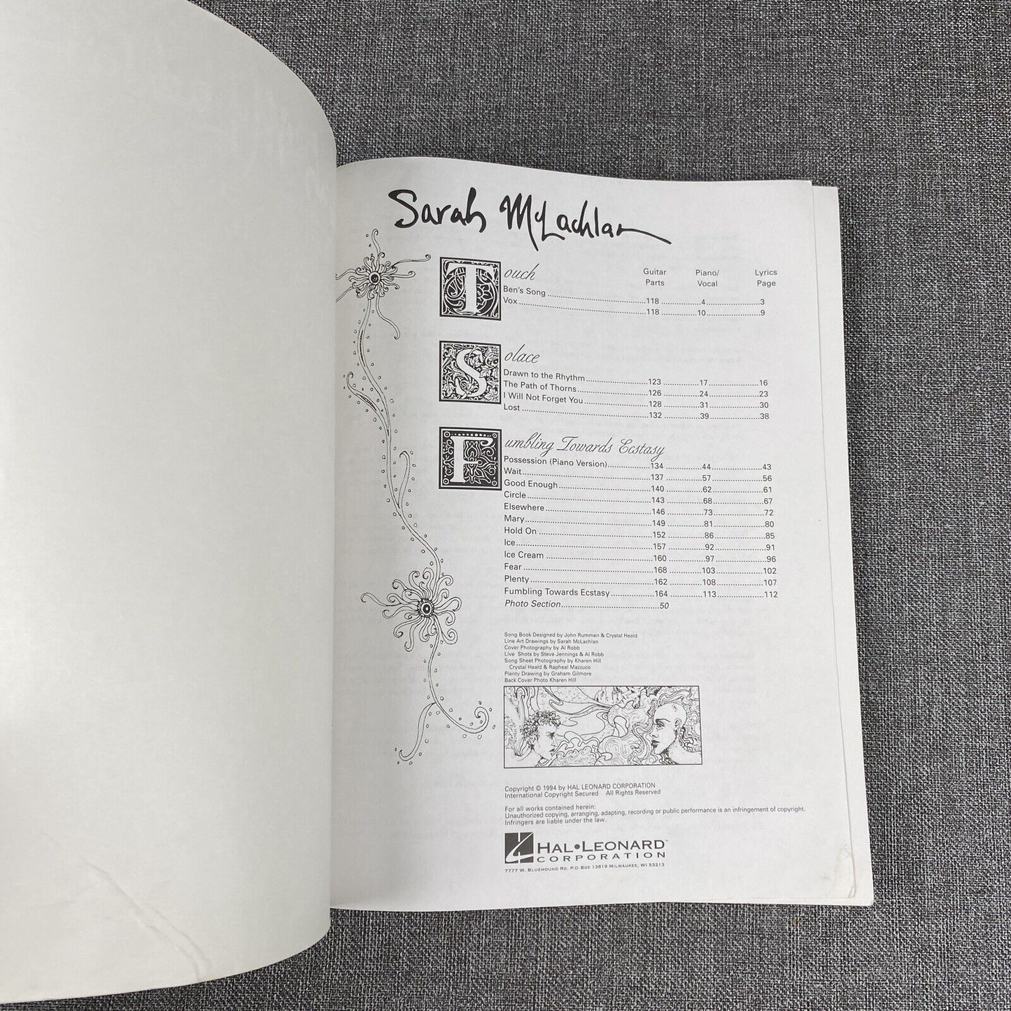 SARAH McLACHLAN Songbook Vocal Piano Guitar Sheet Music Lyrics Surfacing