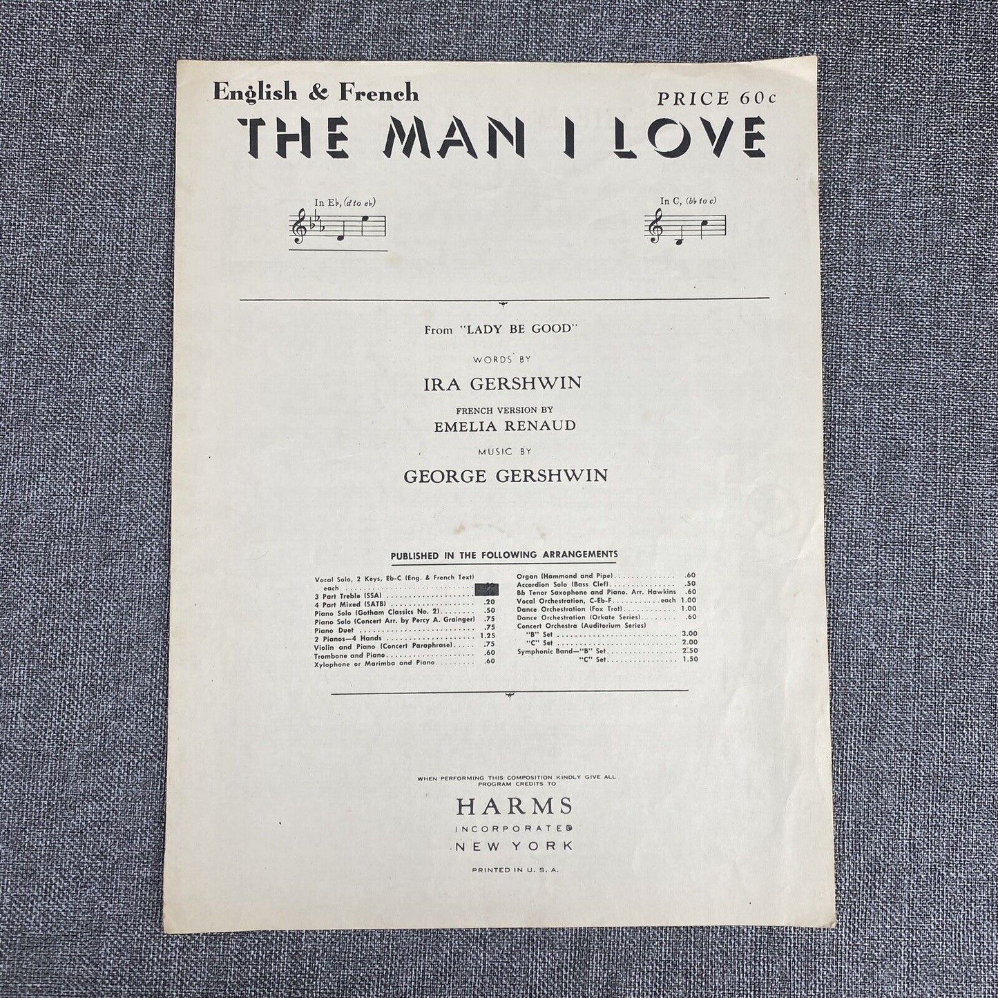 Vtg 1939 The Man I Love Gotham CLASSICS PIANO SERIES Sheet Music George Gershwin