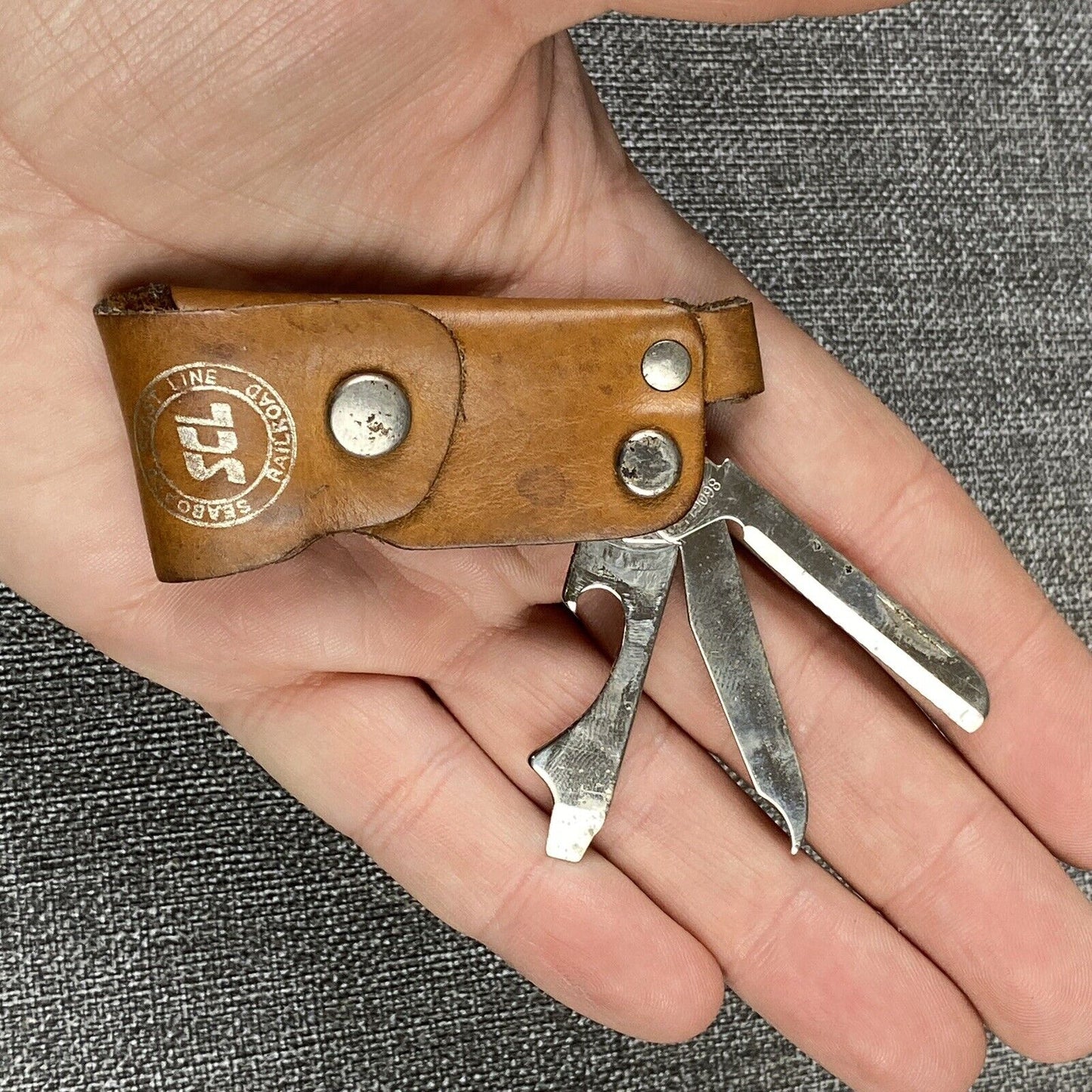 Vtg. Seaboard Coast Line SCL Railroad Bottle Opener, File, Razor Leather Pouch