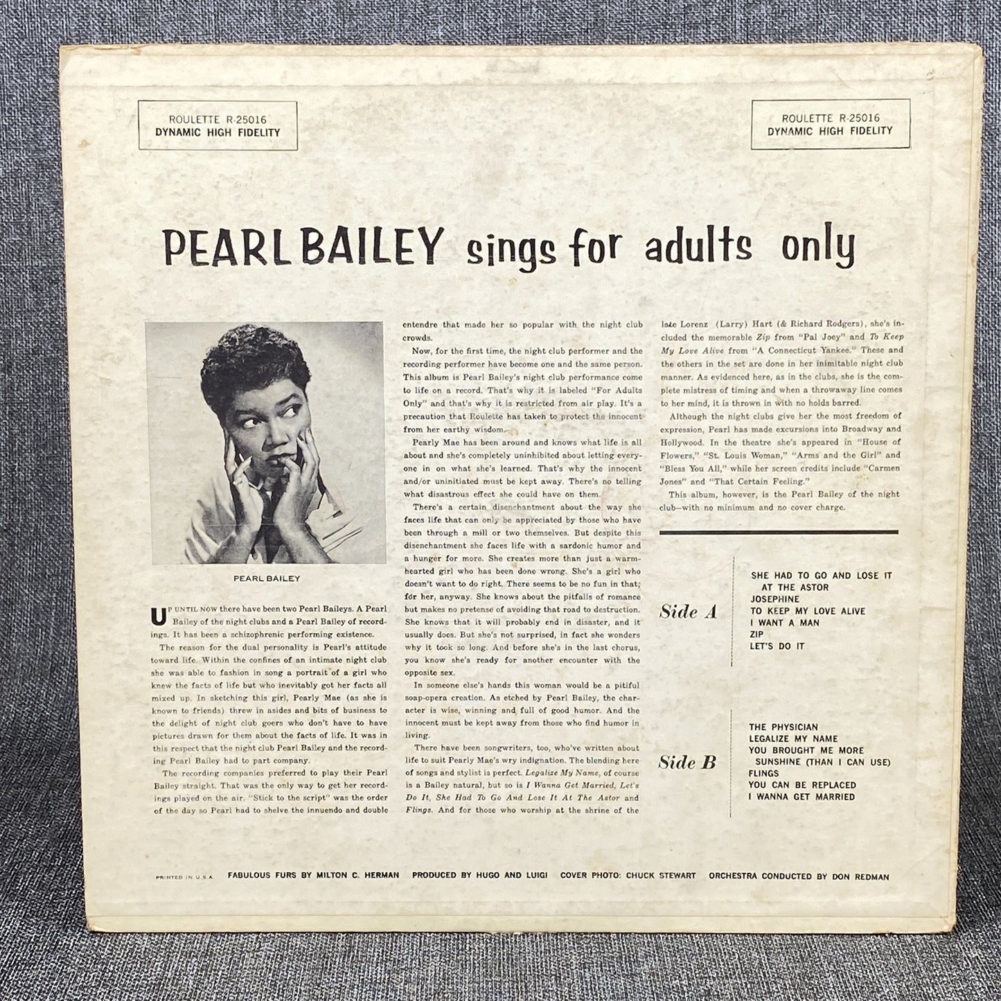 Pearl Bailey Sings for Adults Only LP Vinyl Record by Roulette Records 1958 - EX