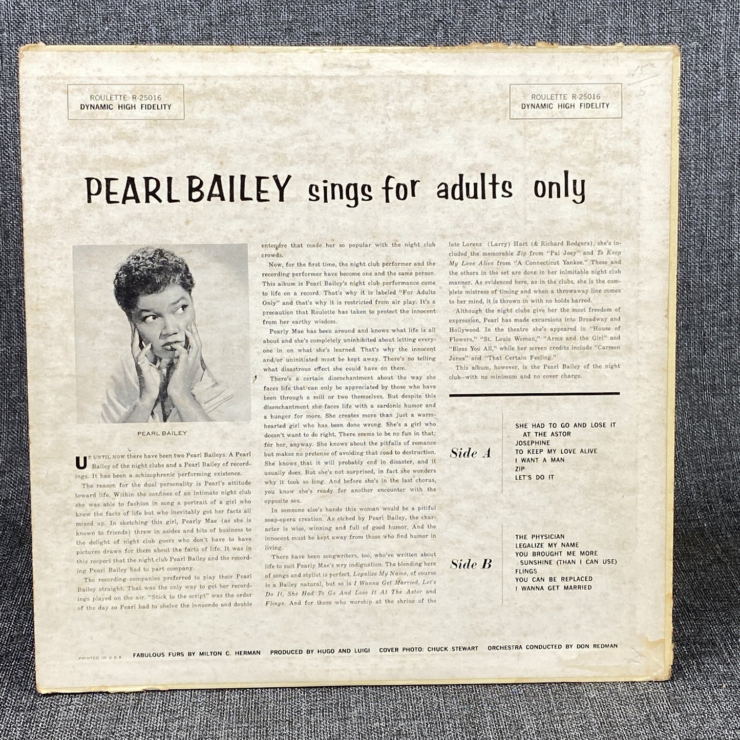 Pearl Bailey Sings for Adults Only Vinyl Record Roulette Records 1958 - VG