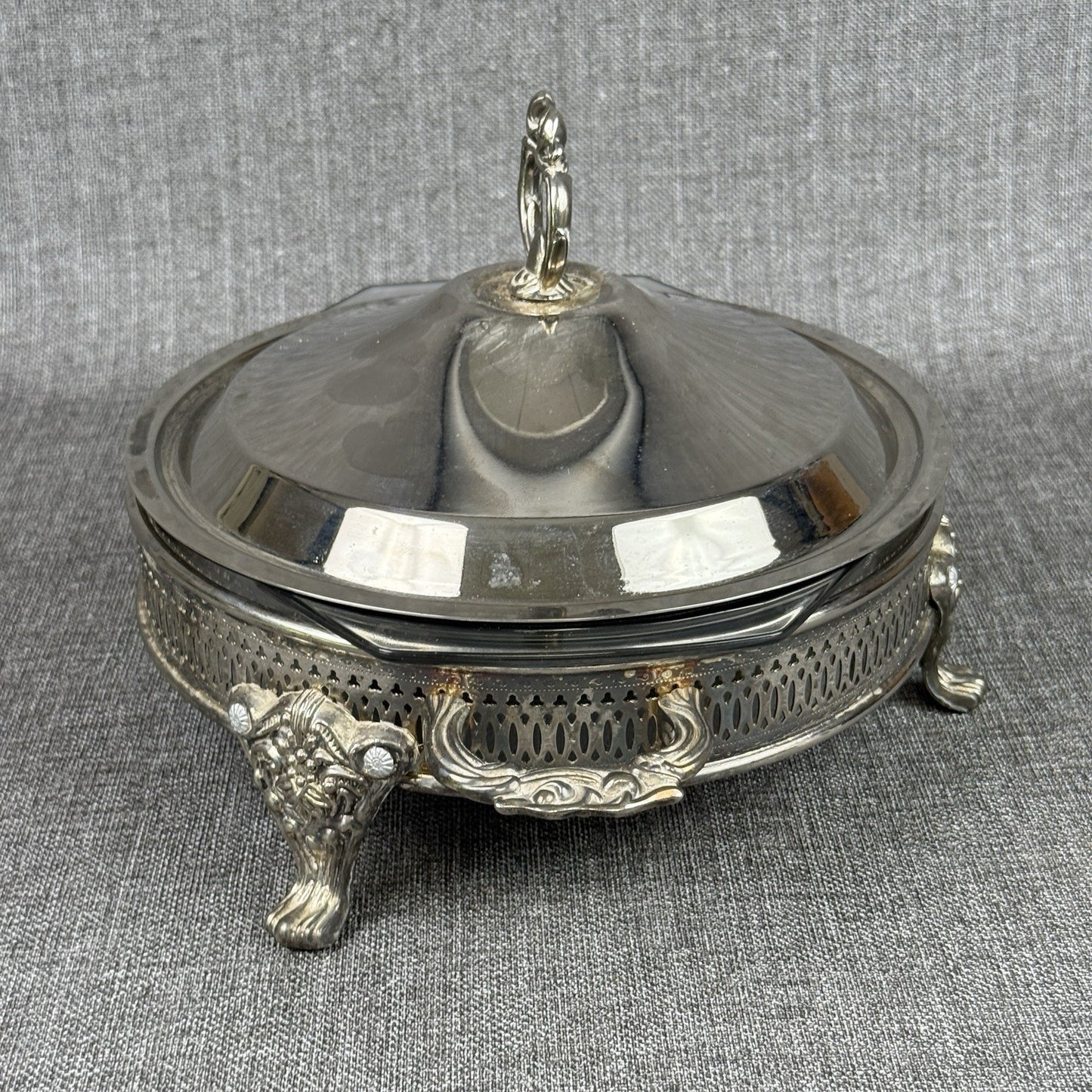 Silver Plated Three Footed Chafing Dish Casserole Warmer Marinex Glass Bake Dish