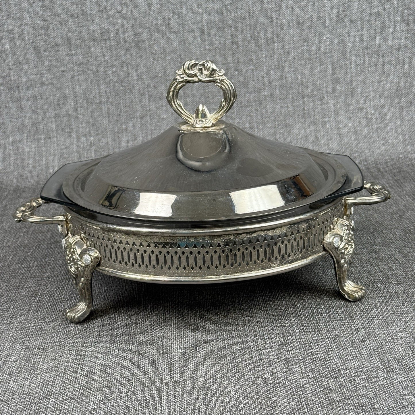 Silver Plated Three Footed Chafing Dish Casserole Warmer Marinex Glass Bake Dish