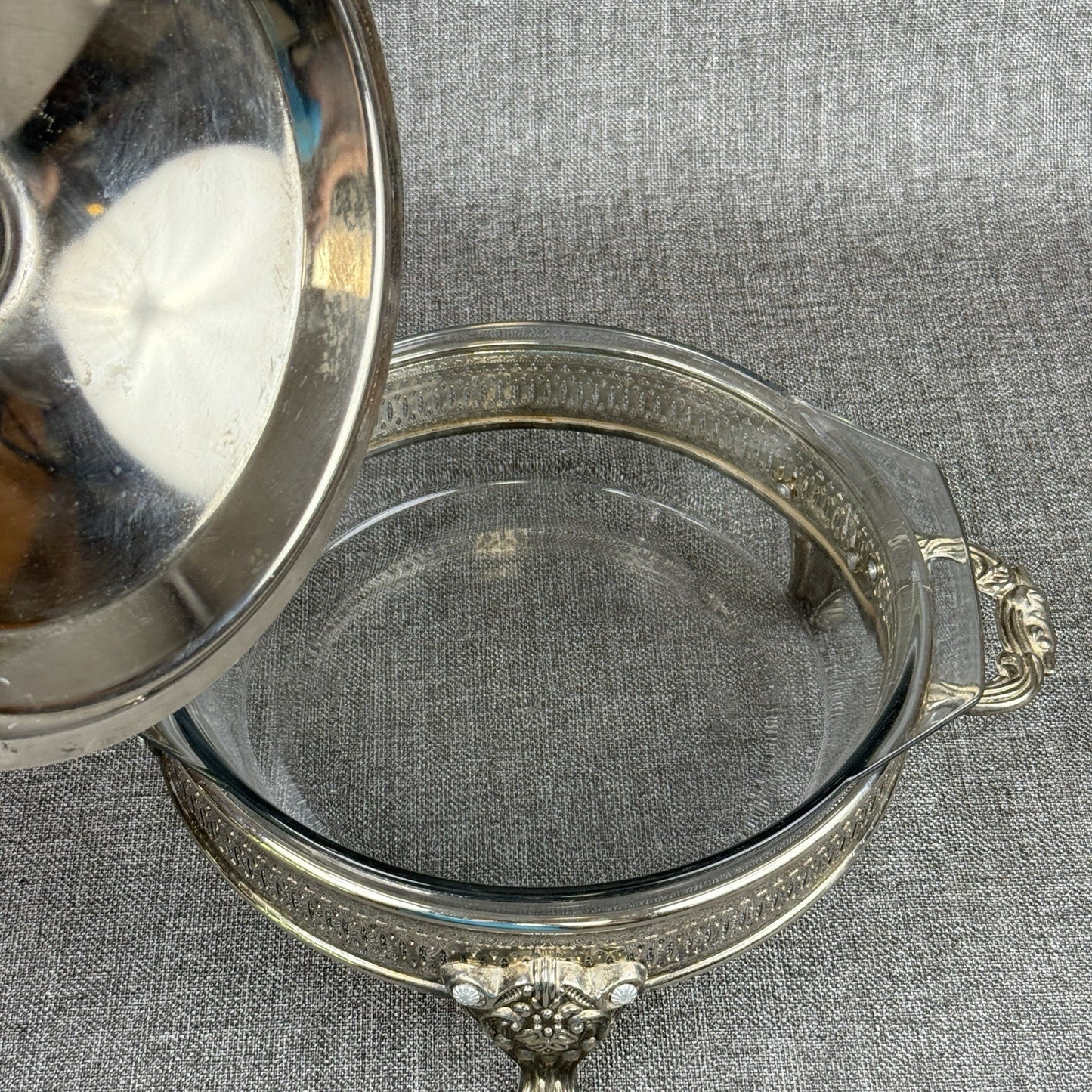 Silver Plated Three Footed Chafing Dish Casserole Warmer Marinex Glass Bake Dish