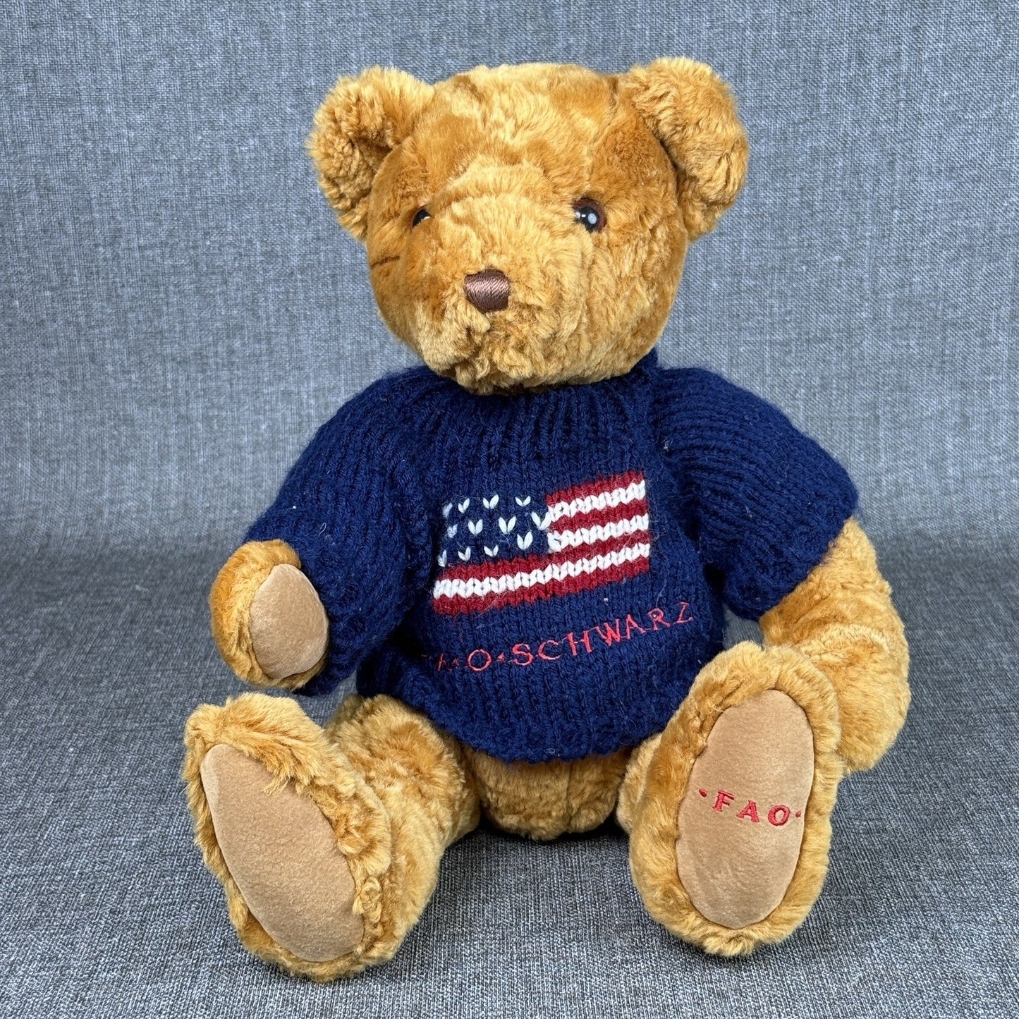 FAO Schwarz 16” Brown Teddy Bear Plush with Sweater American Flag