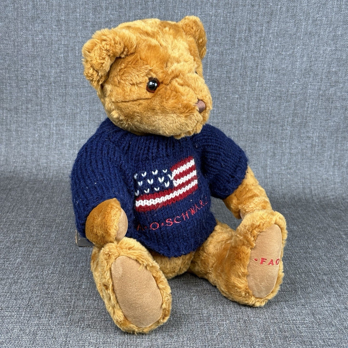 FAO Schwarz 16” Brown Teddy Bear Plush with Sweater American Flag