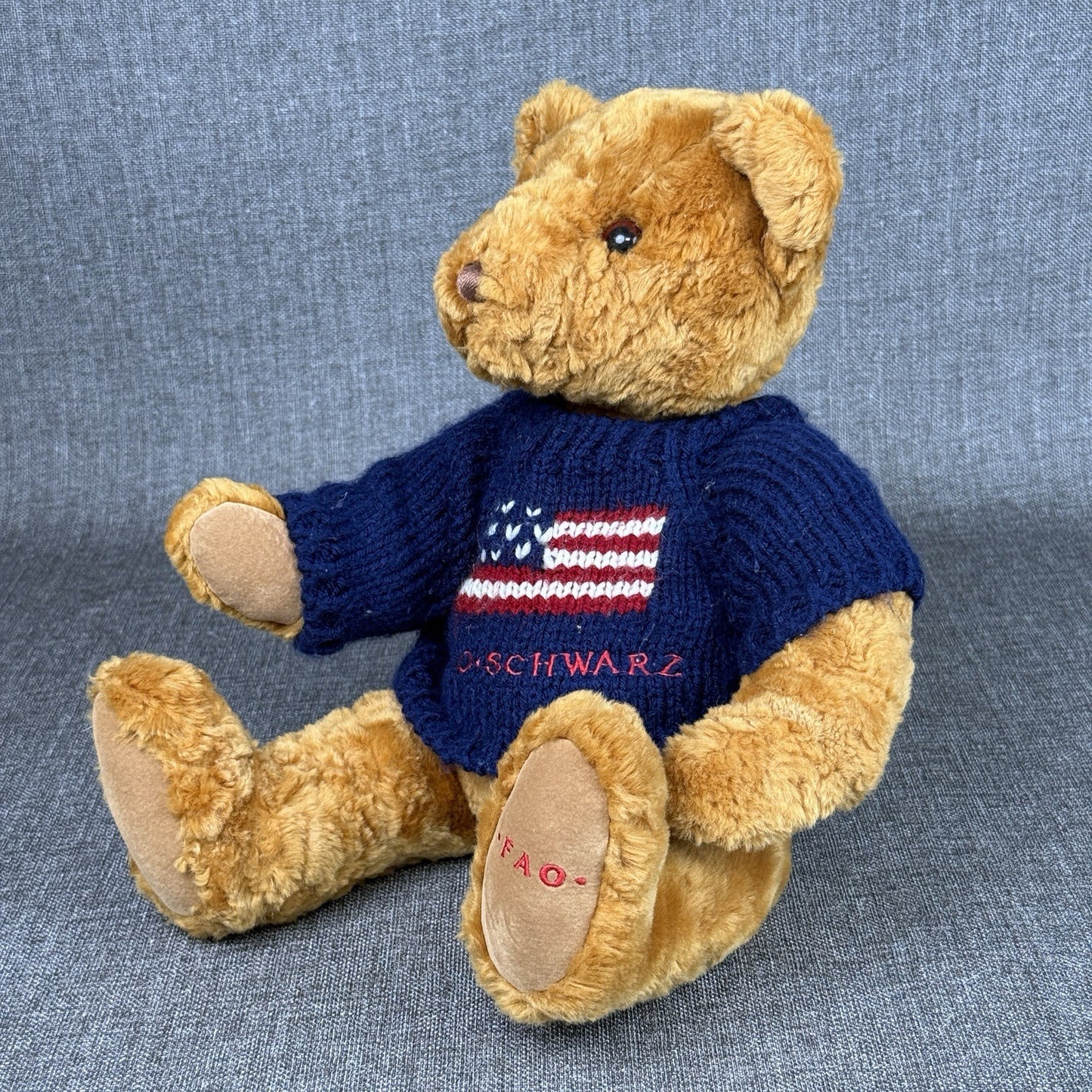 FAO Schwarz 16” Brown Teddy Bear Plush with Sweater American Flag