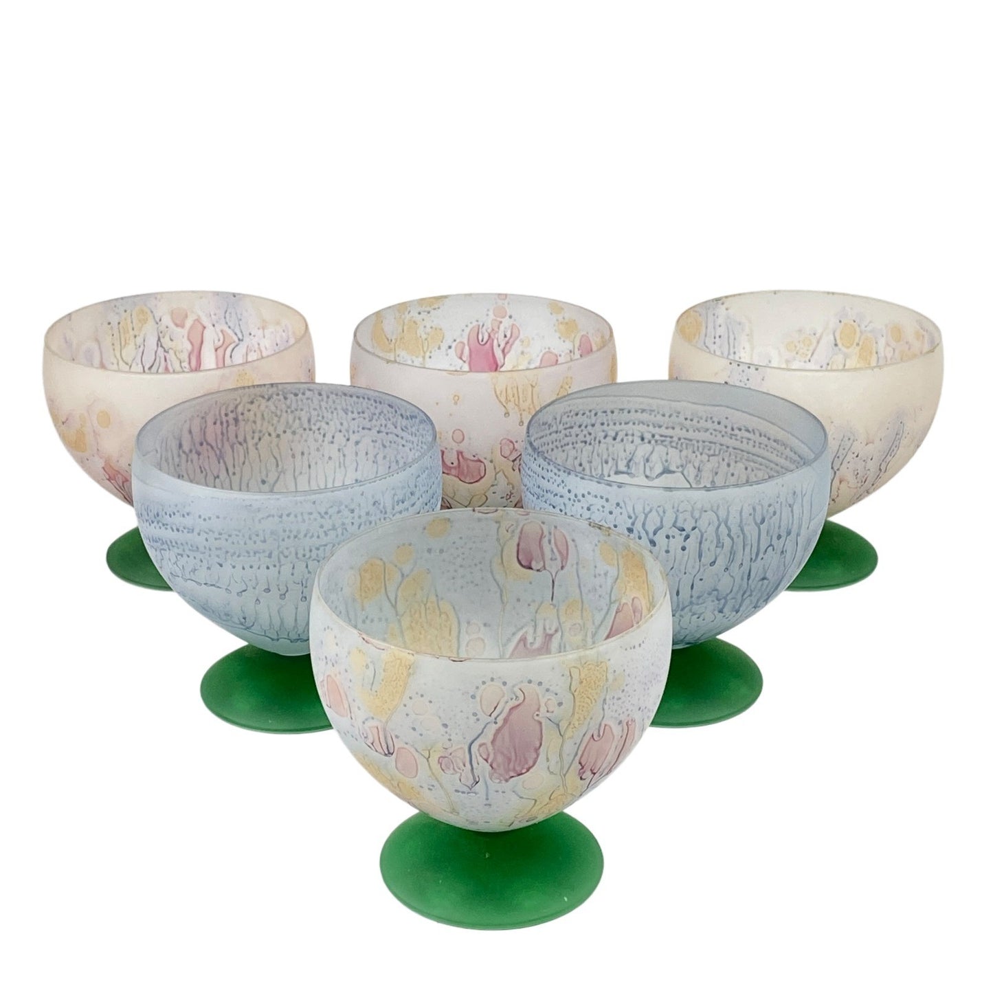 6 Art Glass Dessert Bowls Pedestal Footed Signed Candle Snowflake Design