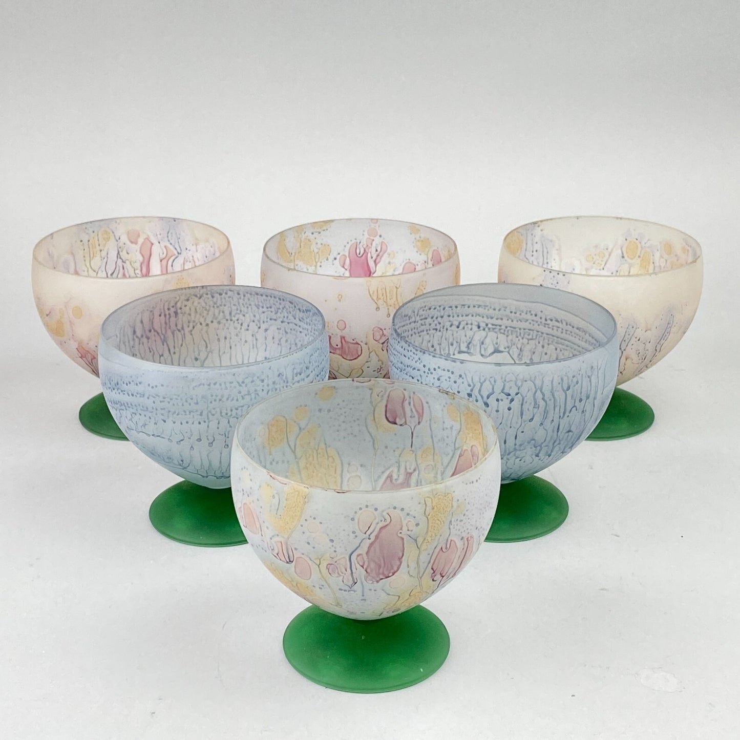 6 Art Glass Dessert Bowls Pedestal Footed Signed Candle Snowflake Design