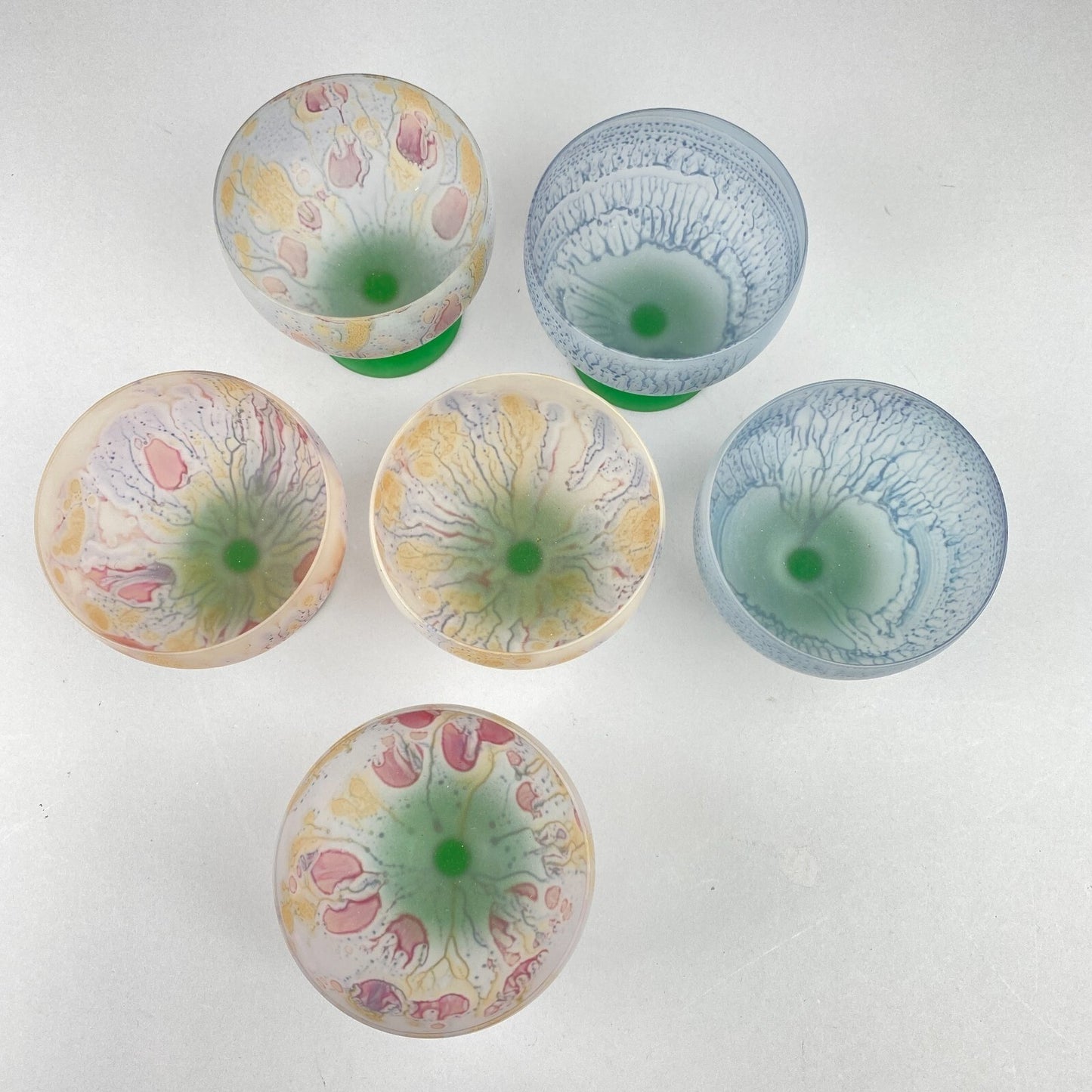 6 Art Glass Dessert Bowls Pedestal Footed Signed Candle Snowflake Design