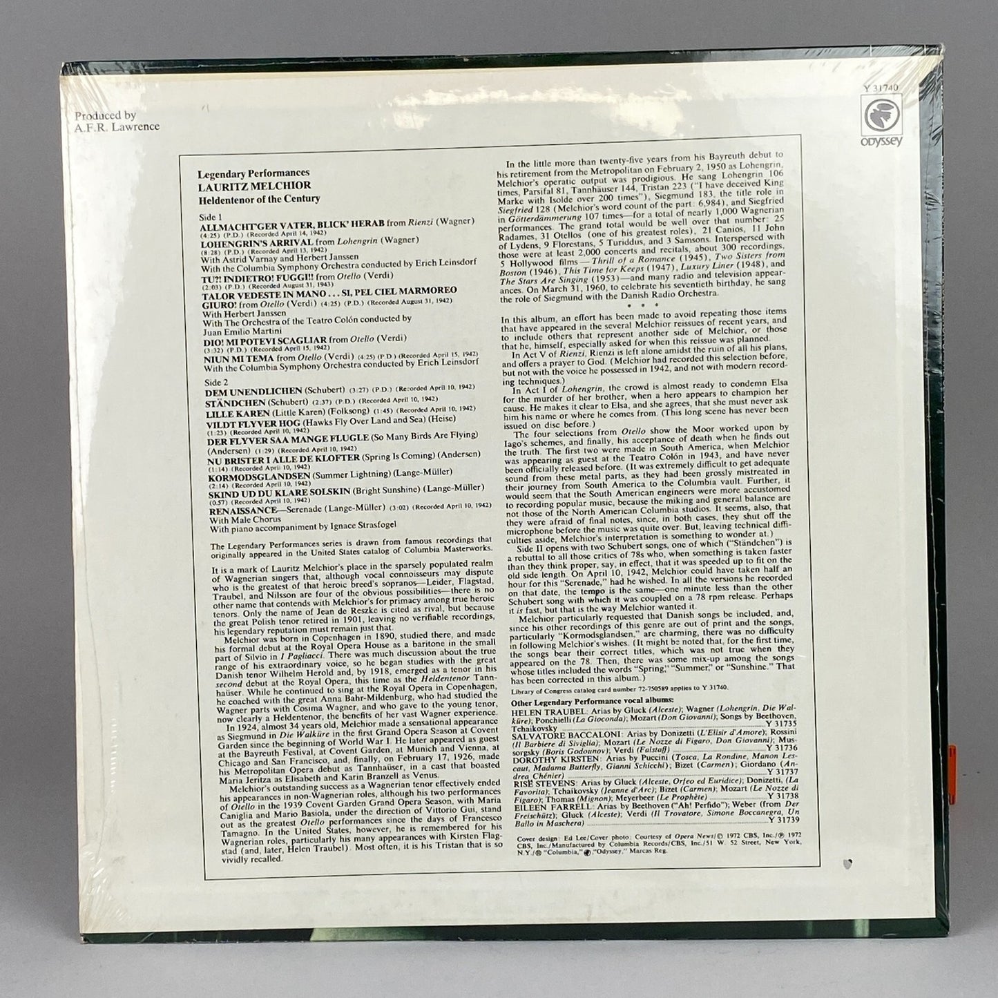 Lauritz Melchior Heldentenor Century Columbia Odyssey SEALED Vinyl Record LP