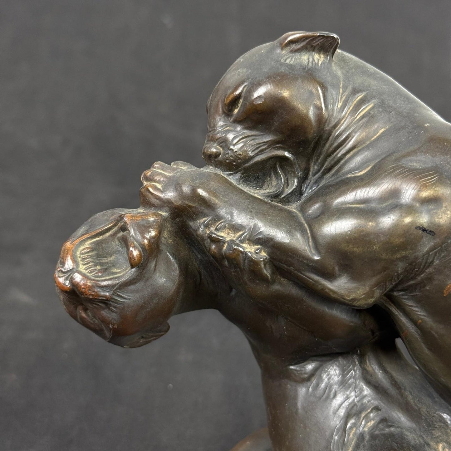 Bronze Sculpture Two Panthers Fighting Wild Animal Art Statue Figurine 9"x7"