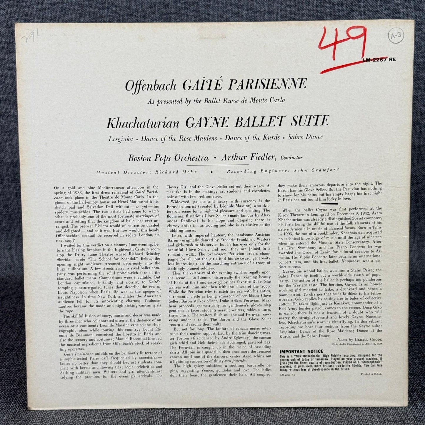 Gaite Parisienne Khachaturian Boston Pops Arthur Fiedler RCA Victor LP