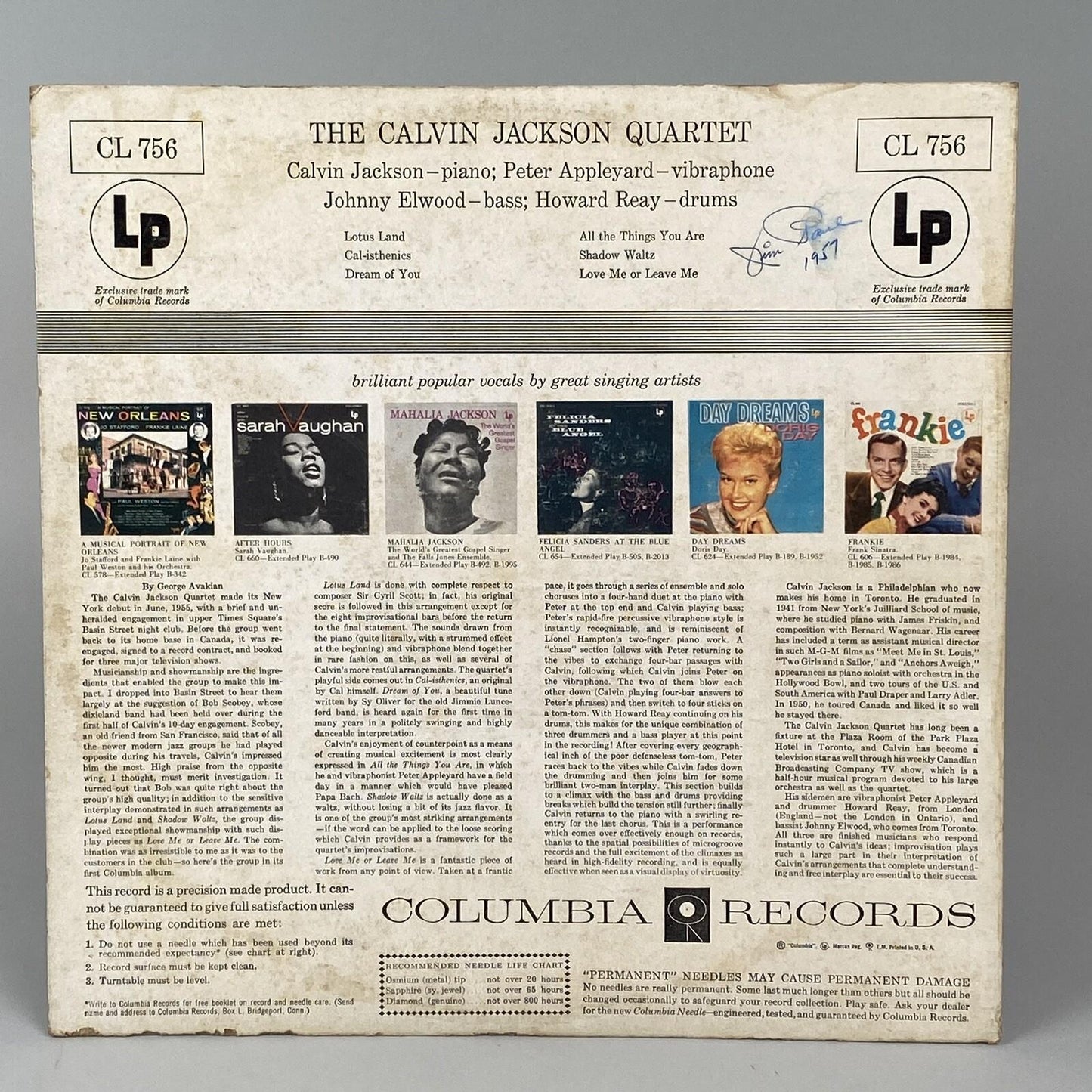The Calvin Jackson Quartet Self Titled Vinyl Columbia Records Six Eye (6 Eye)