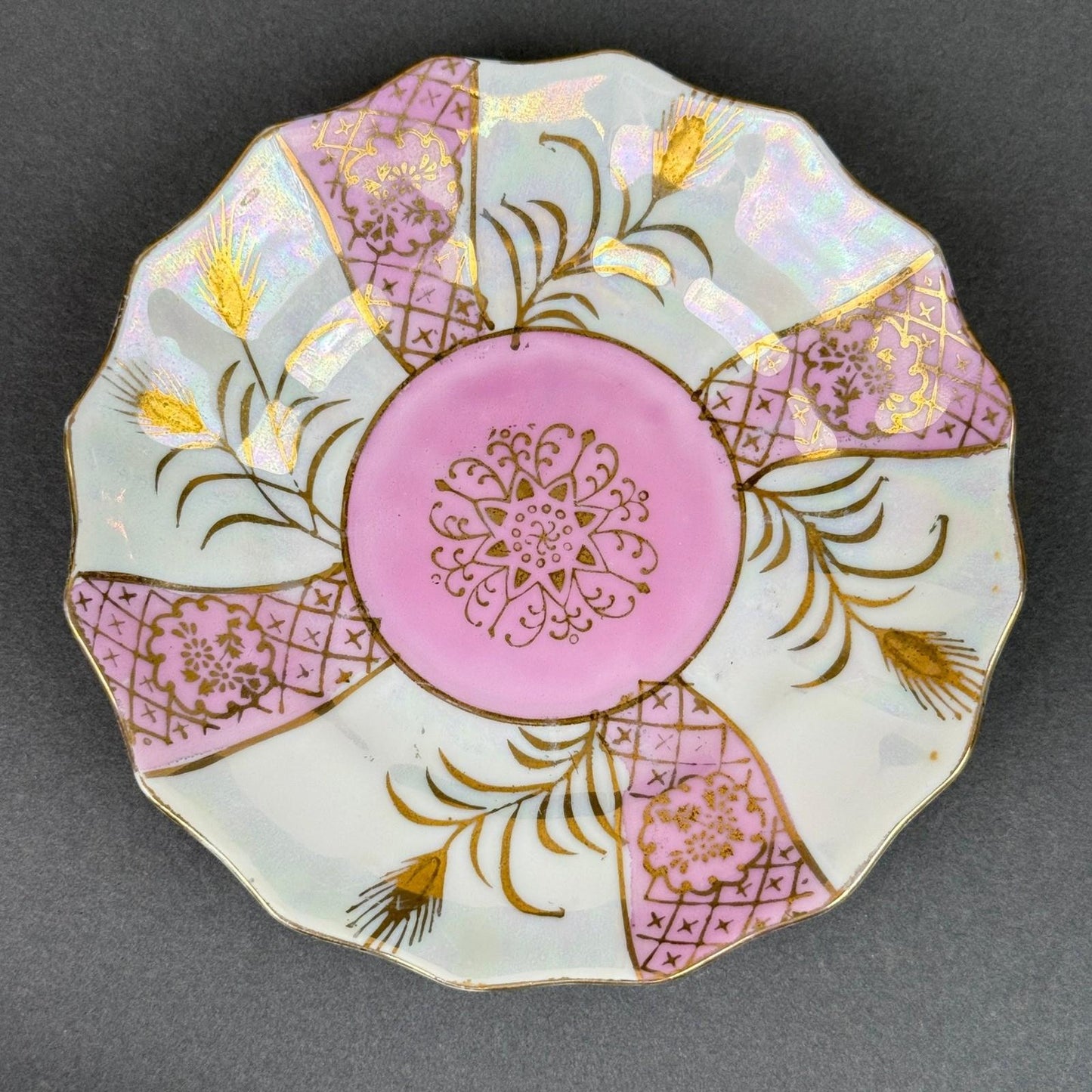 Vintage Teacup and Saucer Set Pink Gold Lusterware Iridescent hand painted