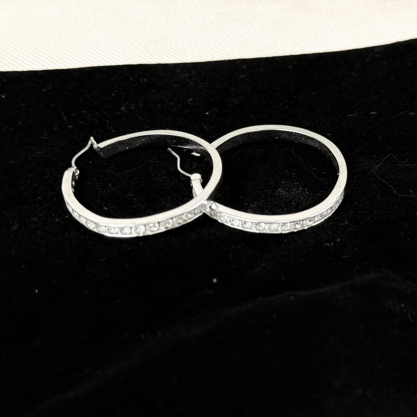 1.5" Silver Color Hoop Earrings with Small Rhinestones