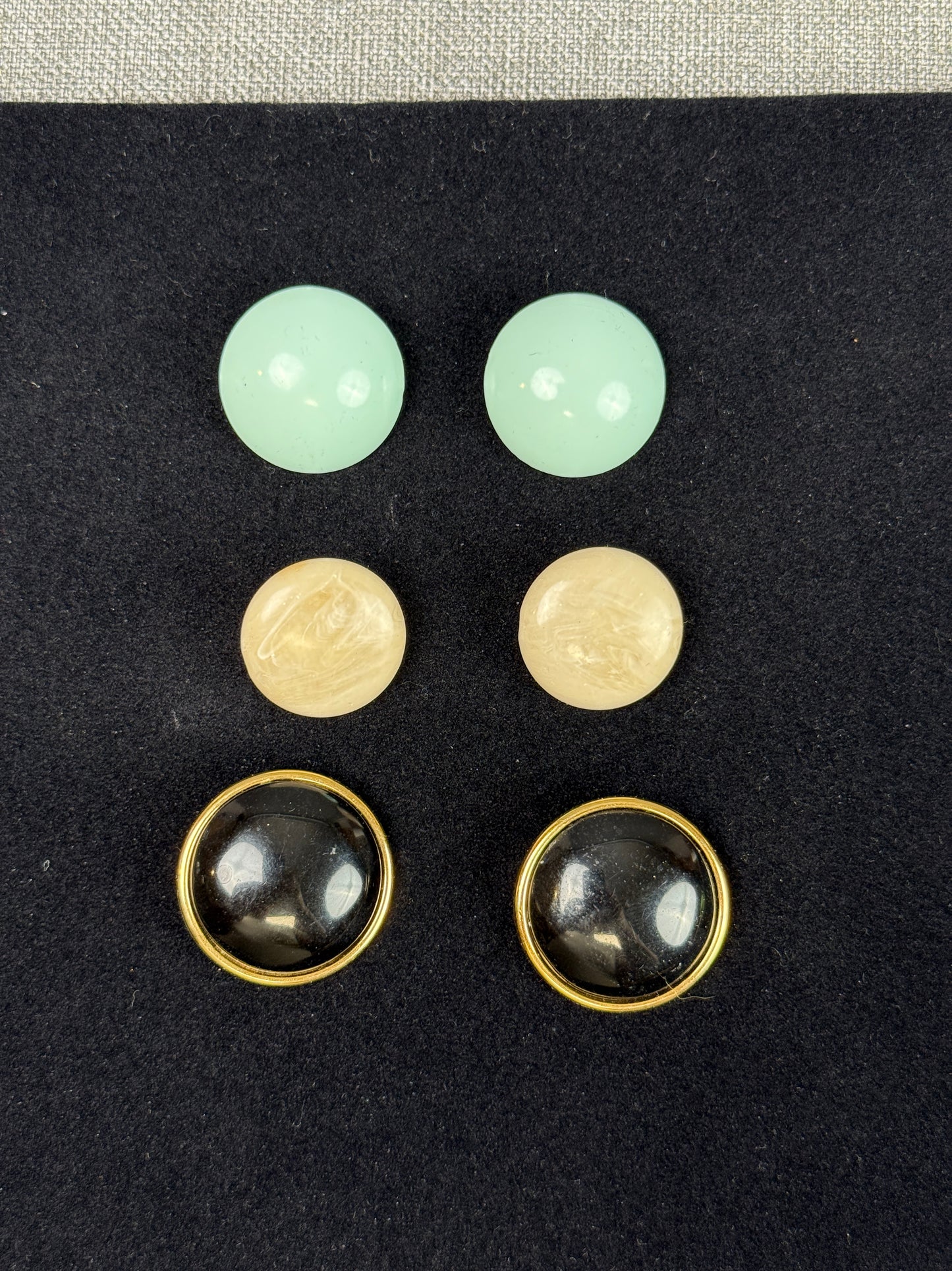 Lot of 3 Vintage 80s Circle Earrings White, Blue, Black