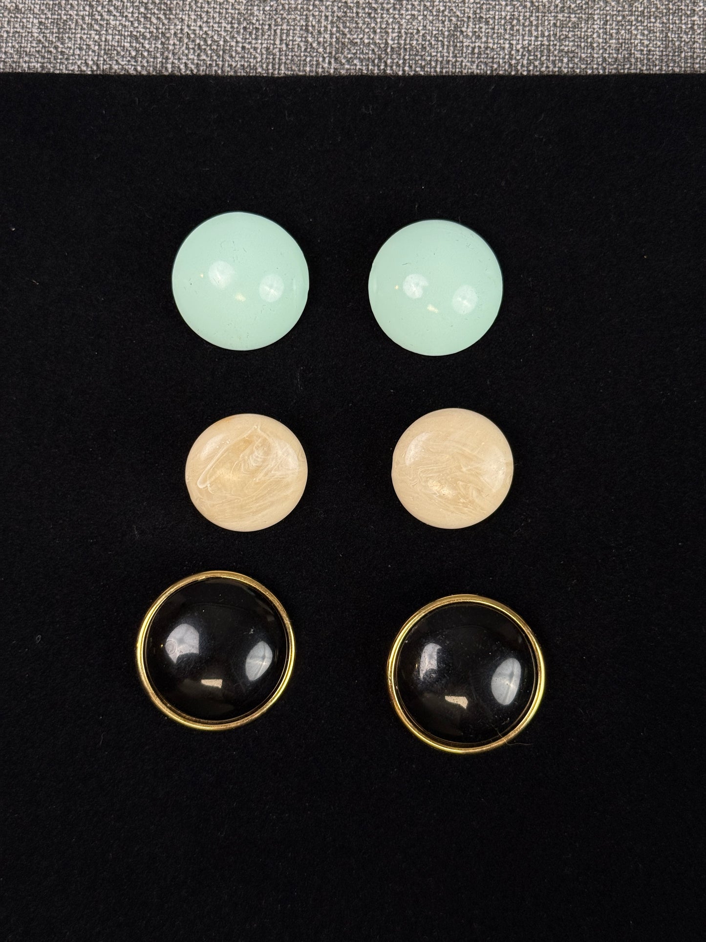 Lot of 3 Vintage 80s Circle Earrings White, Blue, Black