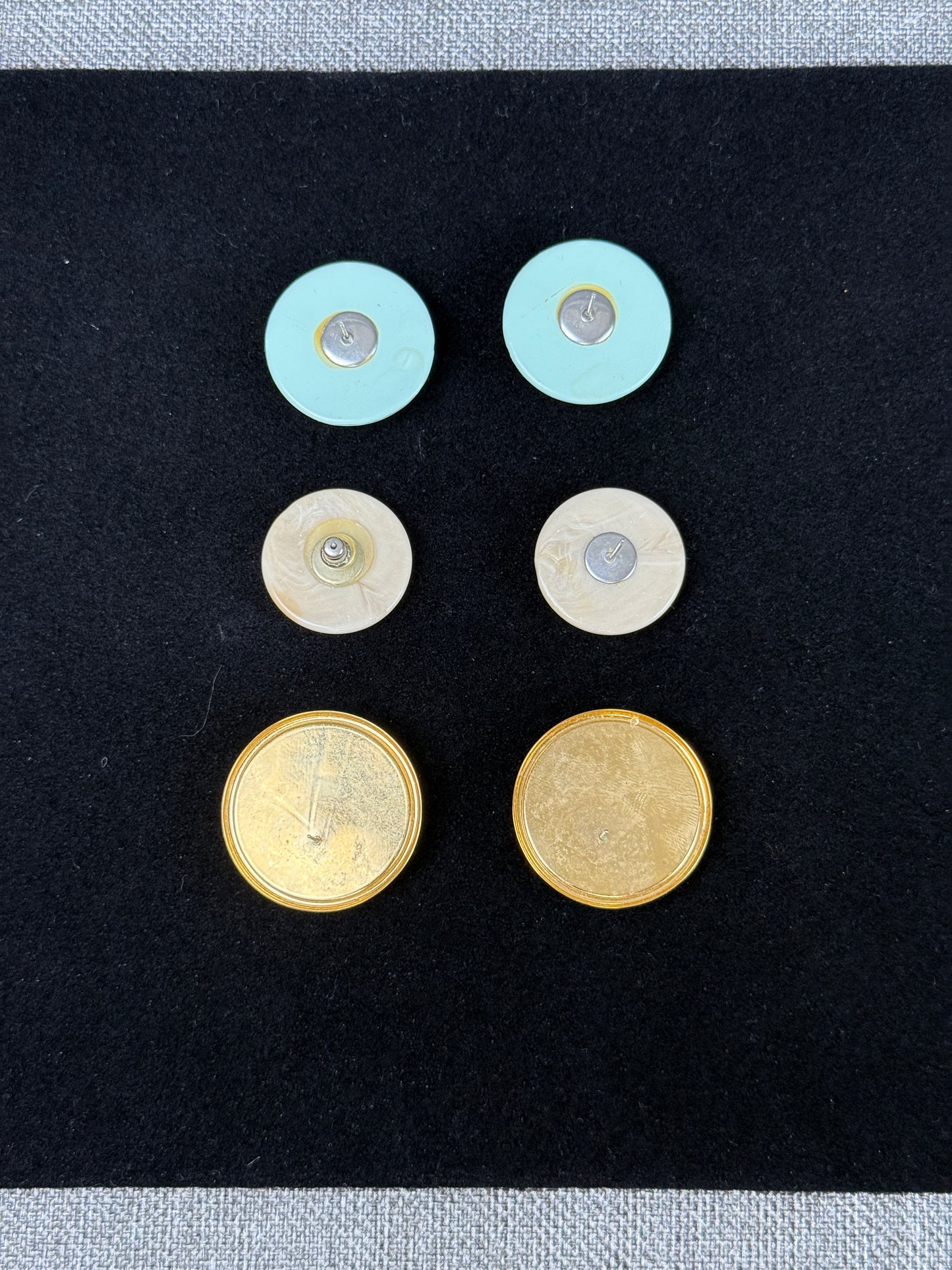 Lot of 3 Vintage 80s Circle Earrings White, Blue, Black