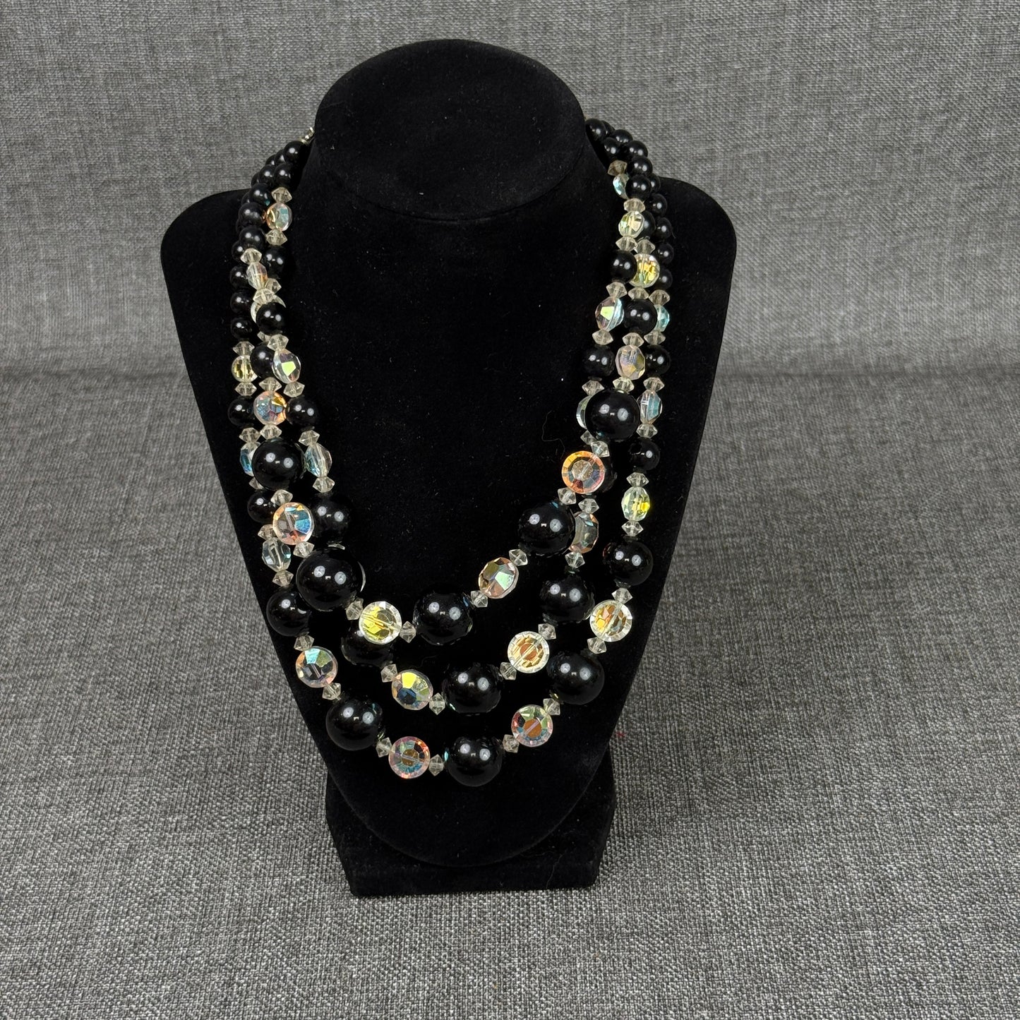 Necklace Triple Strand Black Beaded Set 16" - 18"
