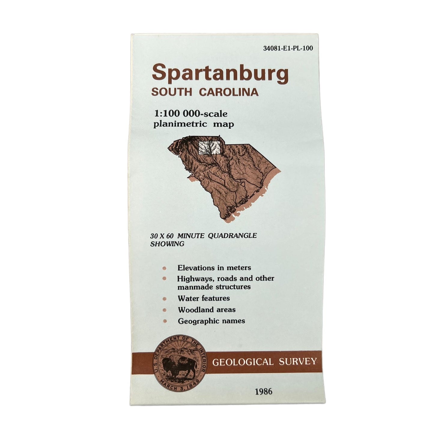 USGS Topographic Map 1986 Survey 30"x60" SC Spartanburg 34081-E1-PL-100