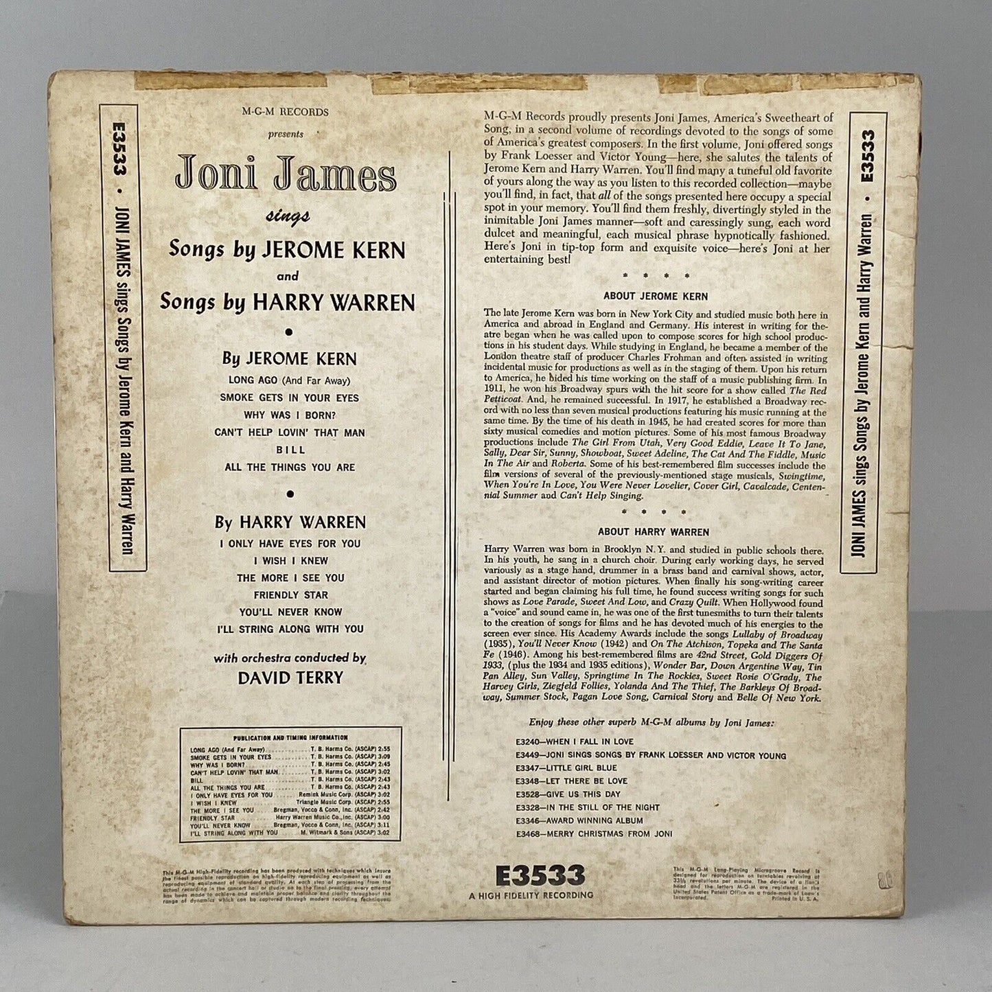 Joni James sings songs by Jerome Kern and songs by H. Warren, vinyl record