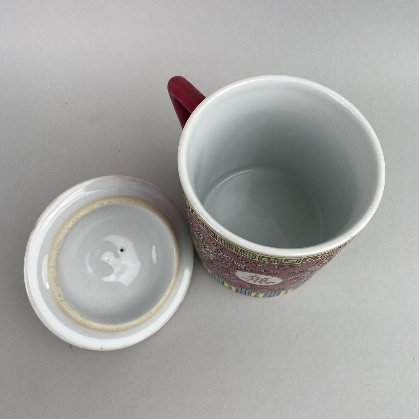 Chinese Tea Mug w/ Lid Vintage Rosey Red Porcelain Jingdezhen Longevity