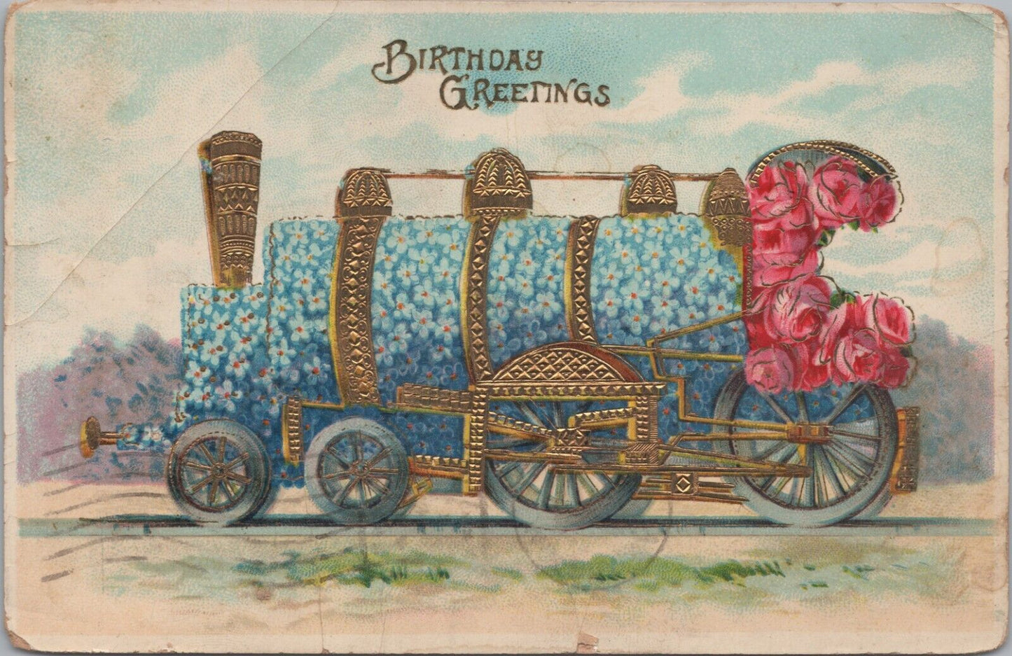 Birthday Greetings Steam Loco, Antique 1912 Postcard (Train)