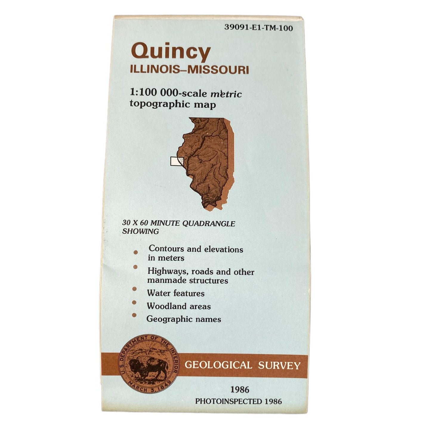 USGS Topographic Map 1986 Survey 30"x60" IL, MO Quincy 39091-E1-TM-100