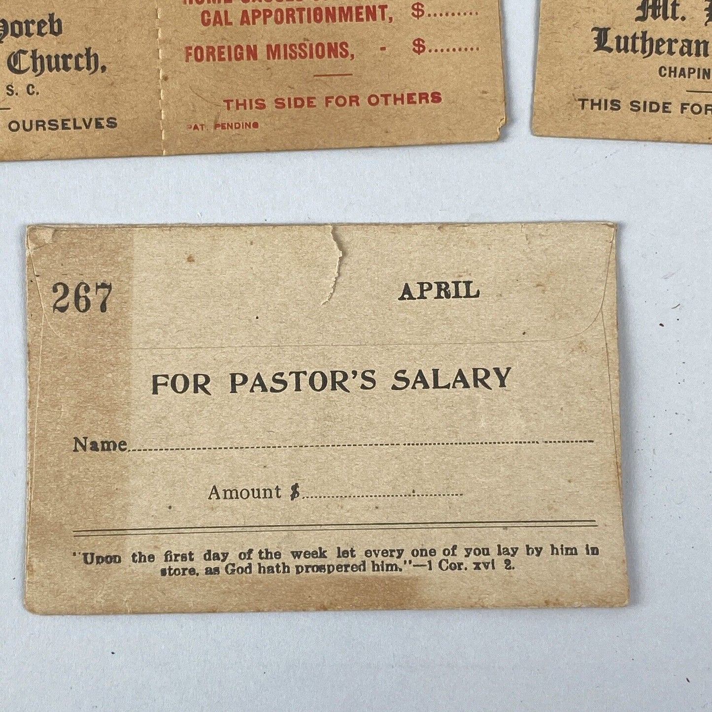 Lutheran Church Weekly Offering and Benevolence Envelopes Lot, Chapin SC, 1912