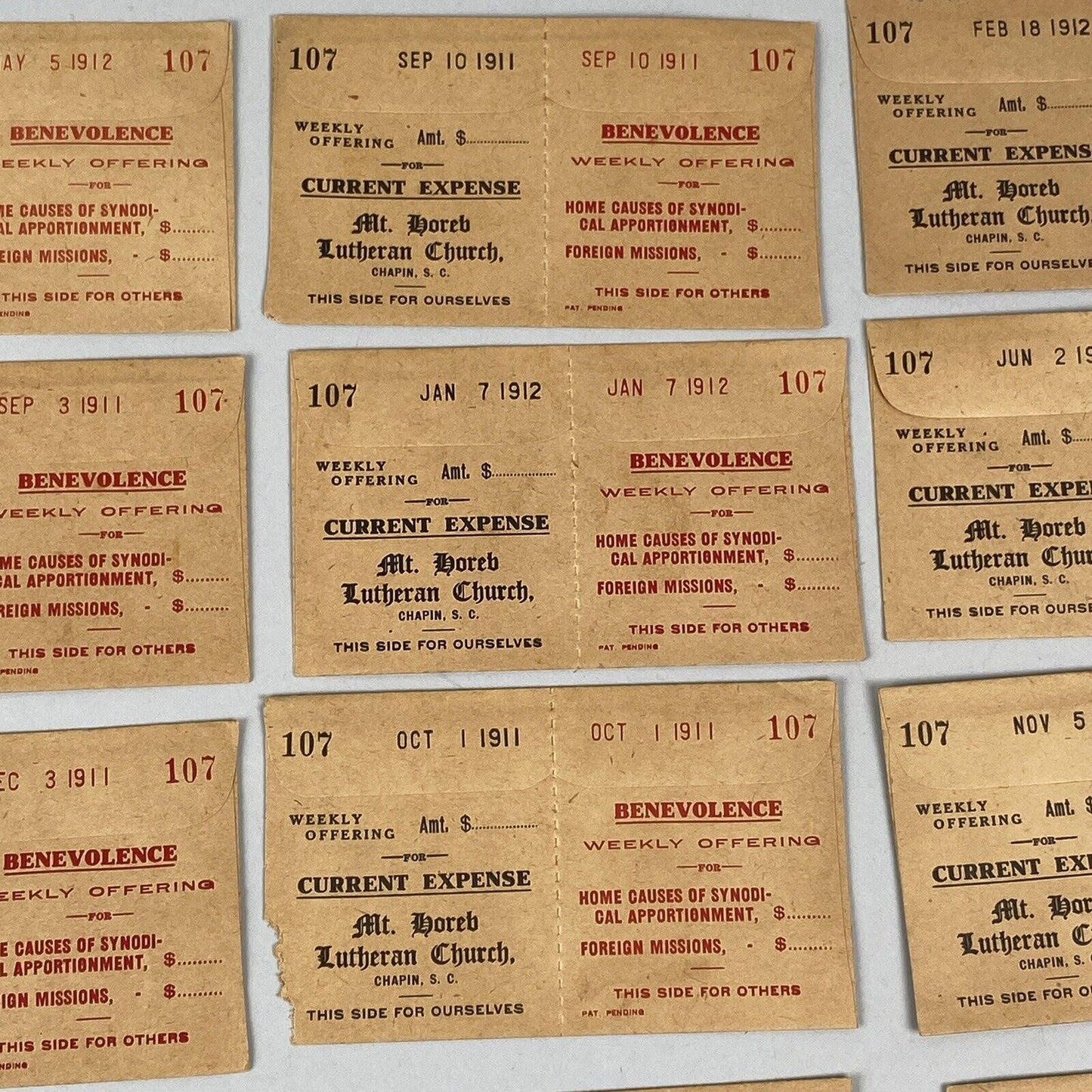 Lutheran Church Weekly Offering and Benevolence Envelopes Lot, Chapin SC, 1912
