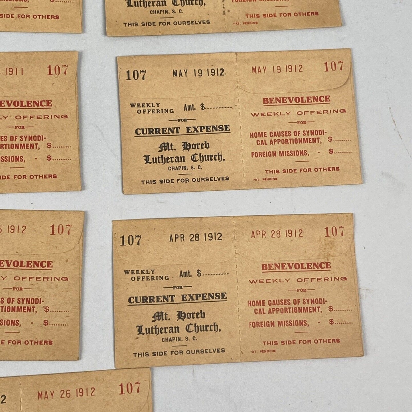 Lutheran Church Weekly Offering and Benevolence Envelopes Lot, Chapin SC, 1912