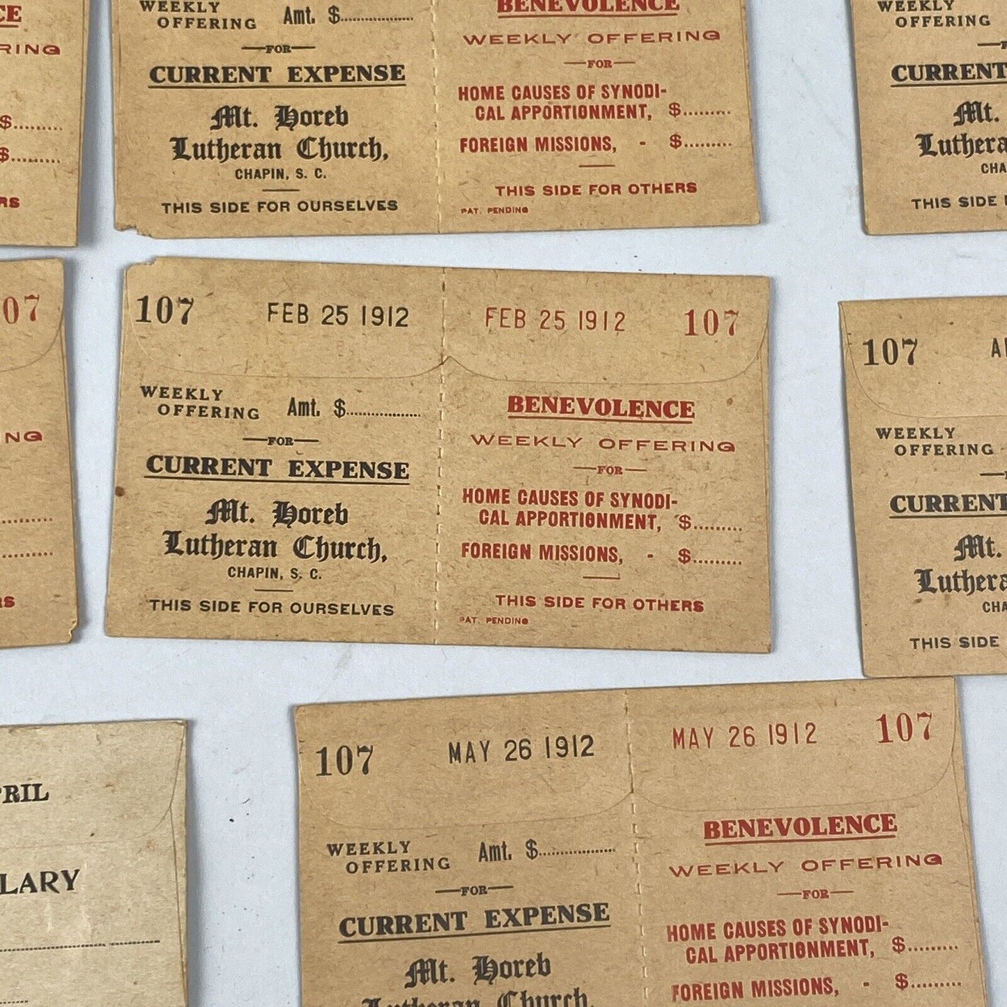 Lutheran Church Weekly Offering and Benevolence Envelopes Lot, Chapin SC, 1912