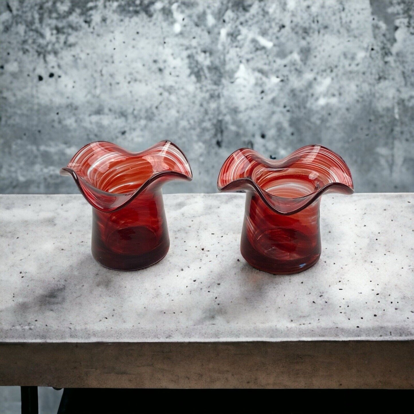 Vintage Pair of Carmine Art Glass Swirl Colors Candle Holders 2.5"x 3"