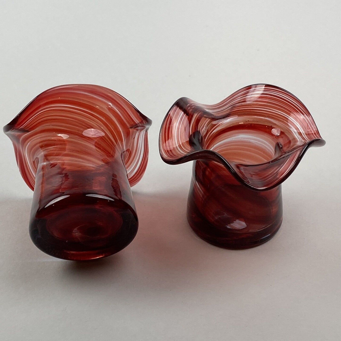 Vintage Pair of Carmine Art Glass Swirl Colors Candle Holders 2.5"x 3"