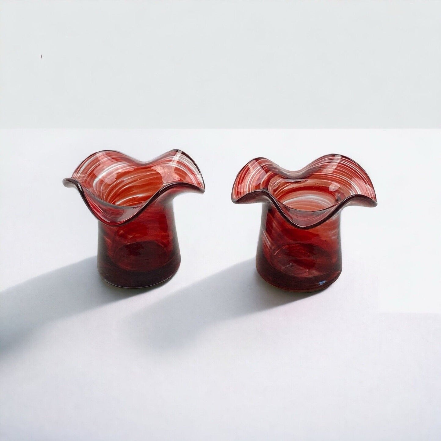 Vintage Pair of Carmine Art Glass Swirl Colors Candle Holders 2.5"x 3"