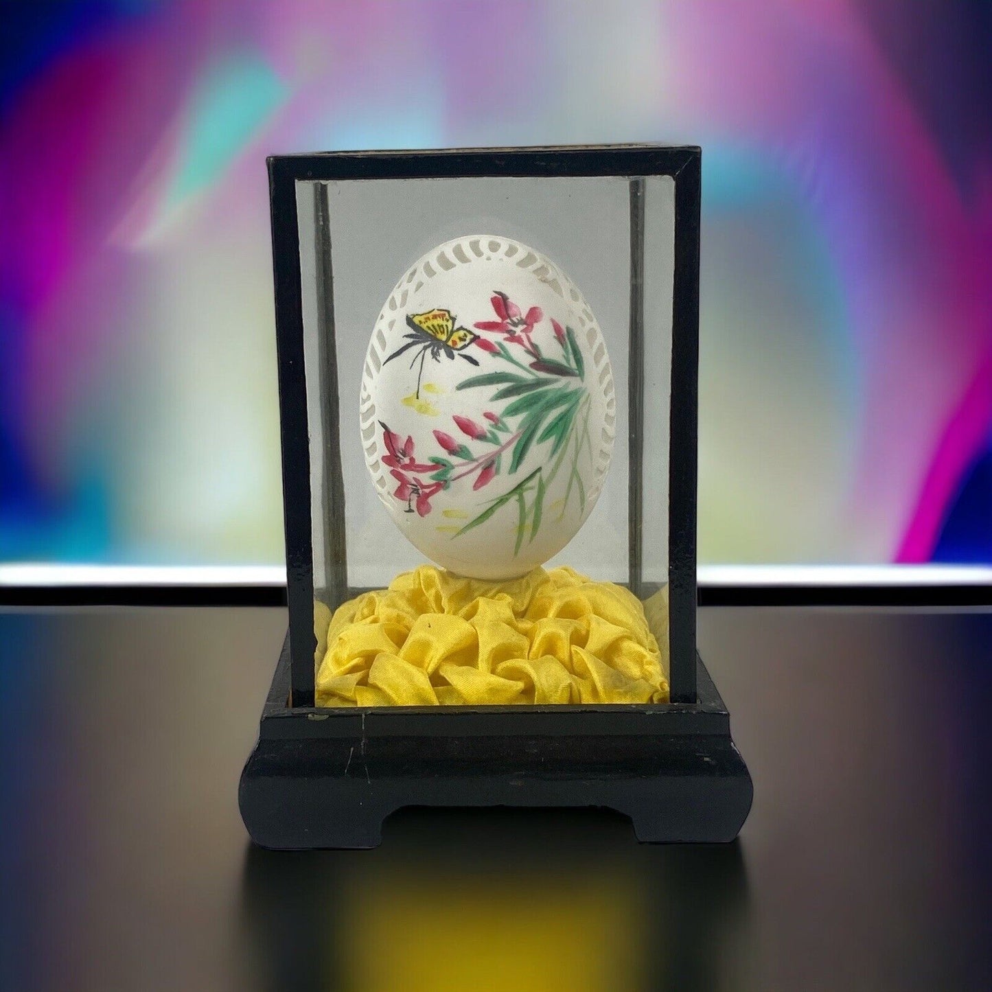 Vintage Hand-Painted Decorative Egg In Display Case