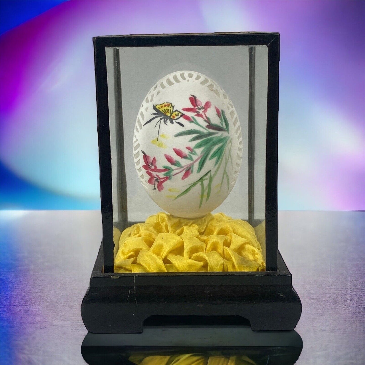 Vintage Hand-Painted Decorative Egg In Display Case