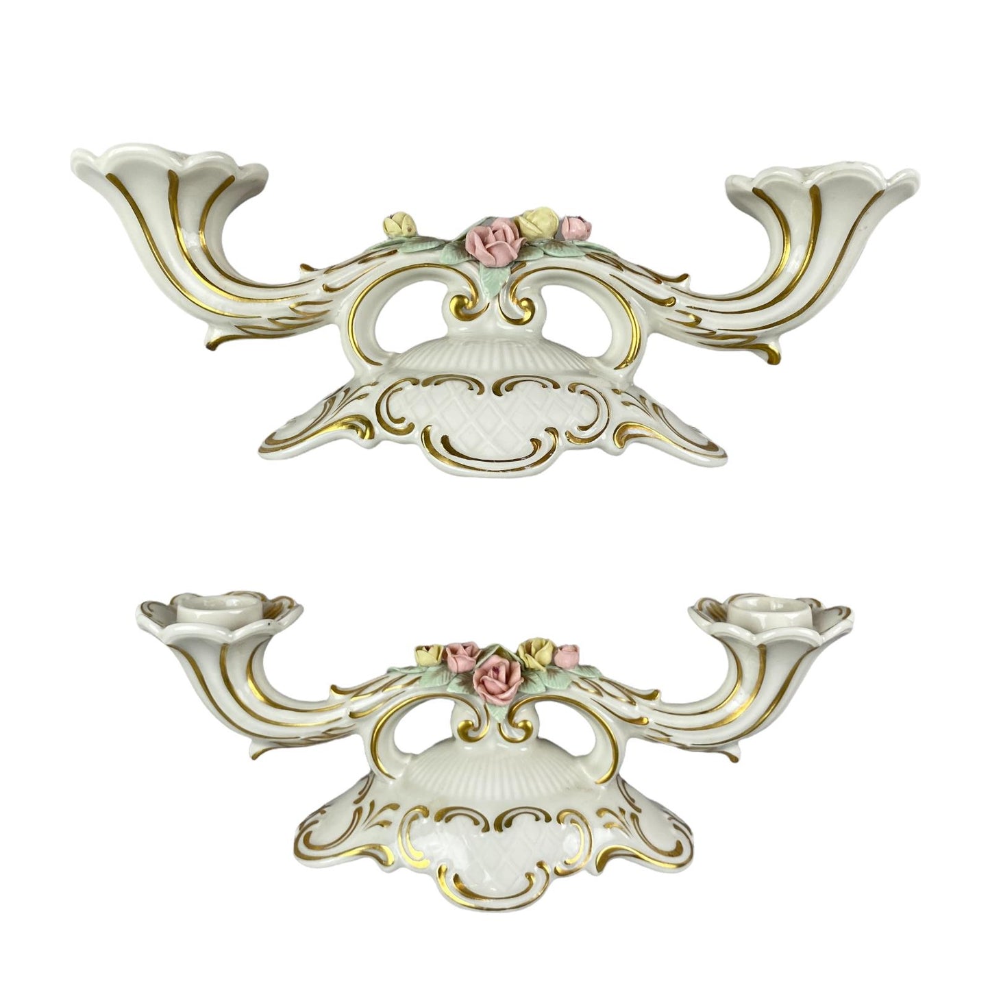 Pair of Antique Dresden Candle Holders with Flower Details and Gold Accents