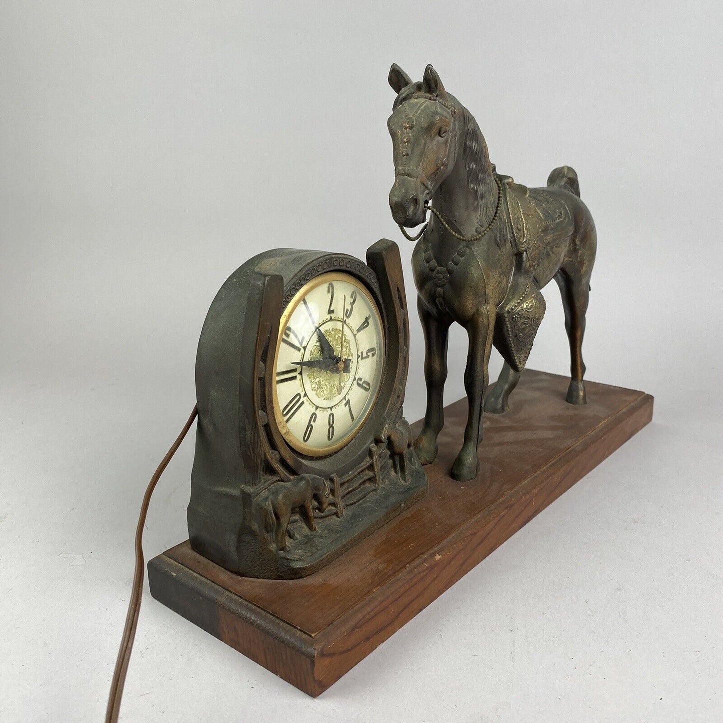 Antique Bronzed Horse with Lanshire Electric Clock made in Chicago, IL, USA