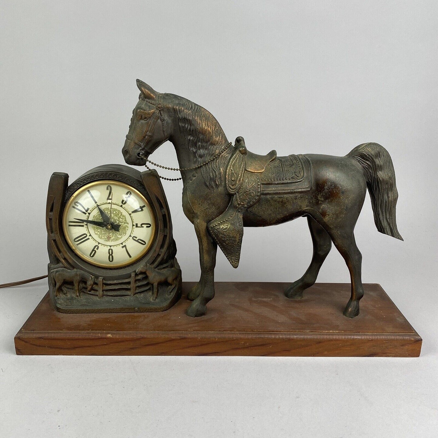 Antique Bronzed Horse with Lanshire Electric Clock made in Chicago, IL, USA
