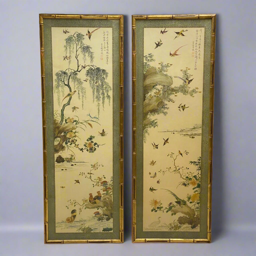 Pair of Frame Brocaded Chinese Art with Variety of Birds 40" Tall x 14" Wide