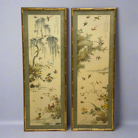 Pair of Frame Brocaded Chinese Art with Variety of Birds 40" Tall x 14" Wide