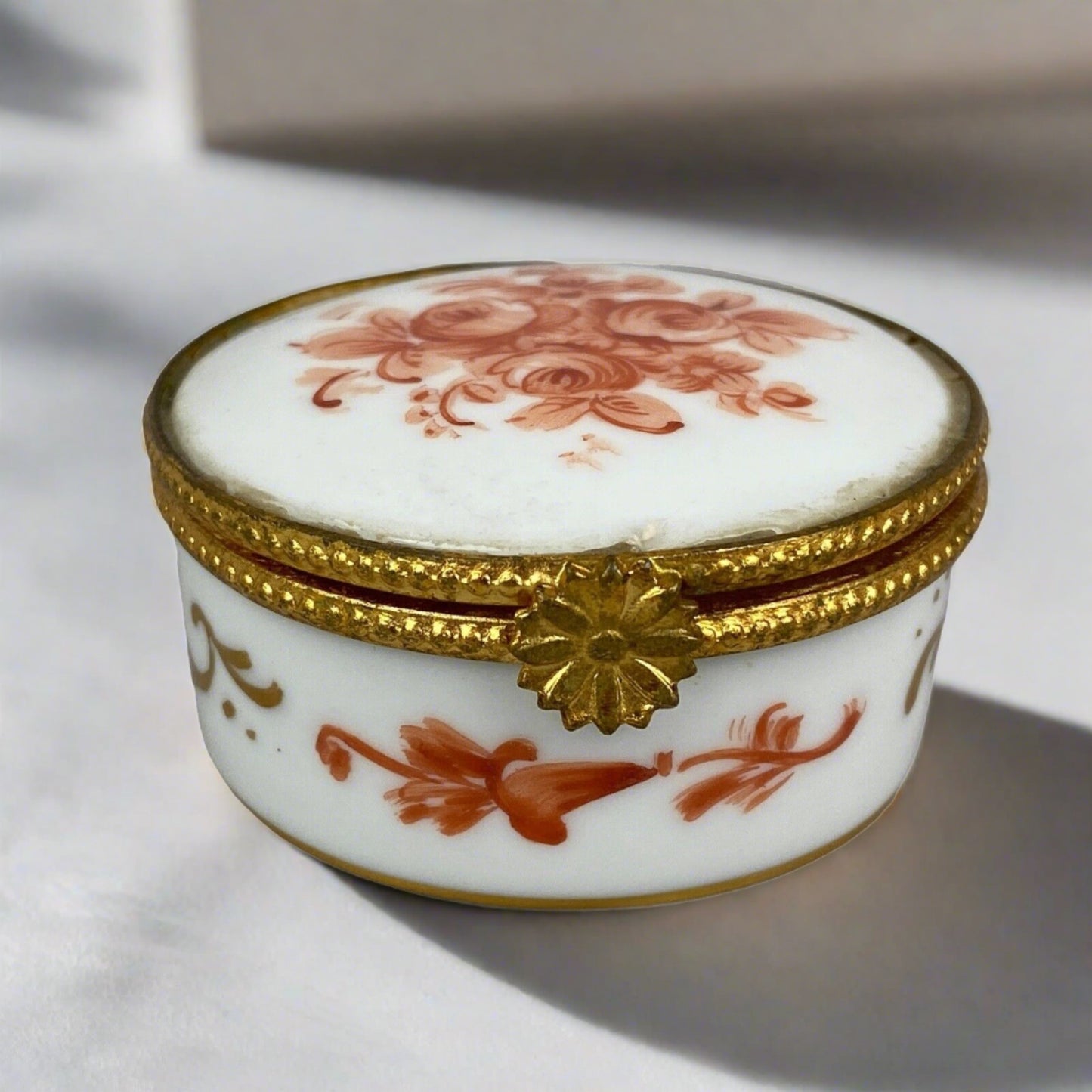 Limoges France White w/ Orange Flowers and Gold Tone Trim Porcelain Trinket Box