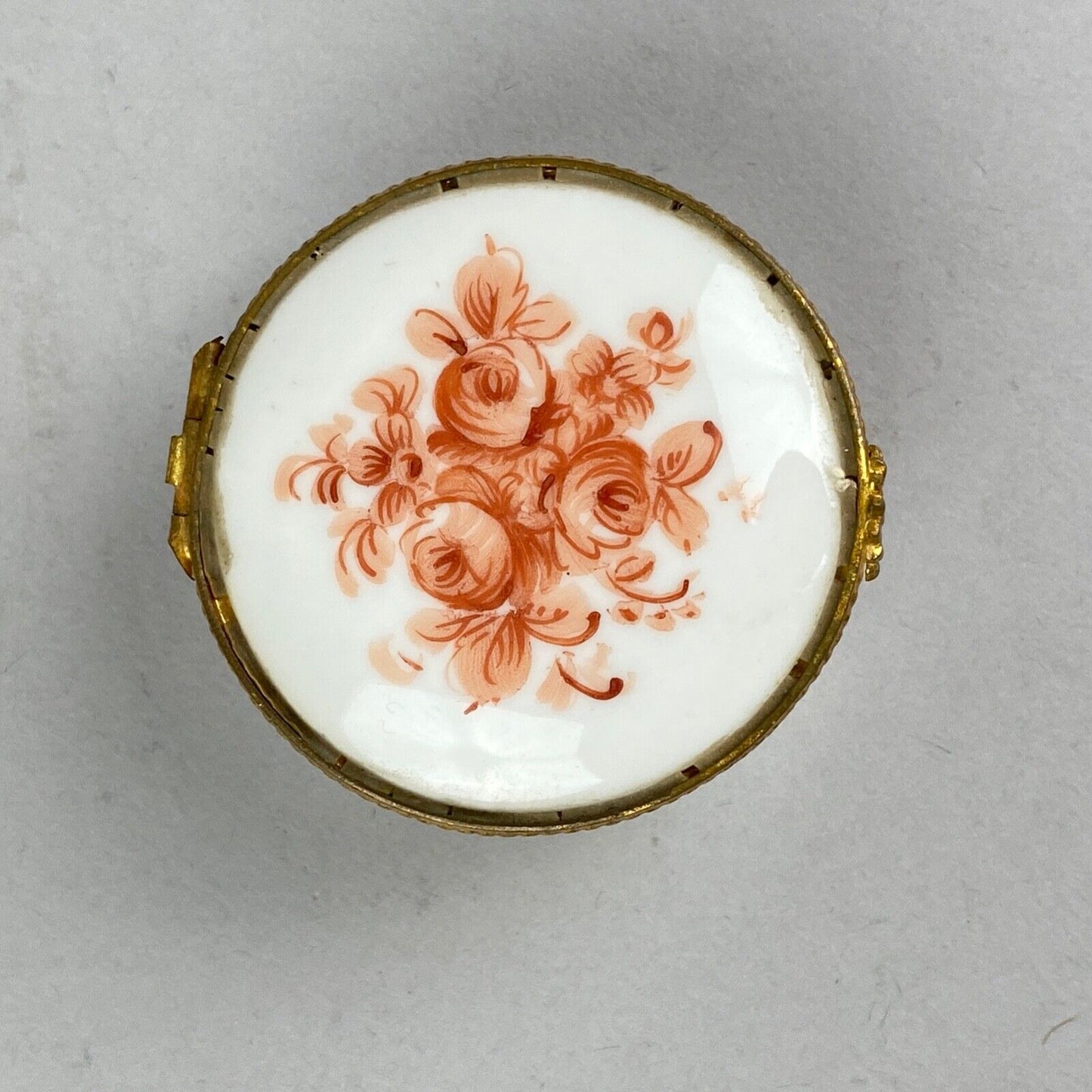 Limoges France White w/ Orange Flowers and Gold Tone Trim Porcelain Trinket Box