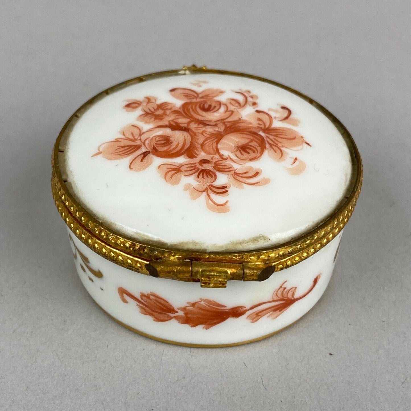 Limoges France White w/ Orange Flowers and Gold Tone Trim Porcelain Trinket Box