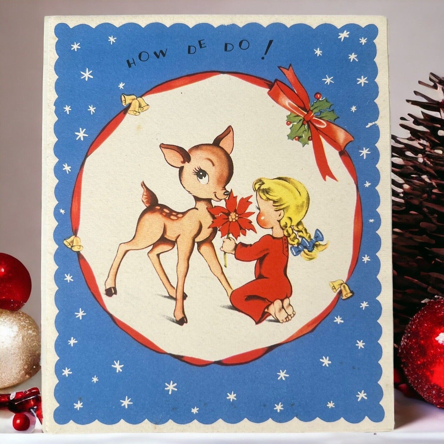 1940s How De Do Reindeer and Little Girl Vintage Christmas Card Mid Century