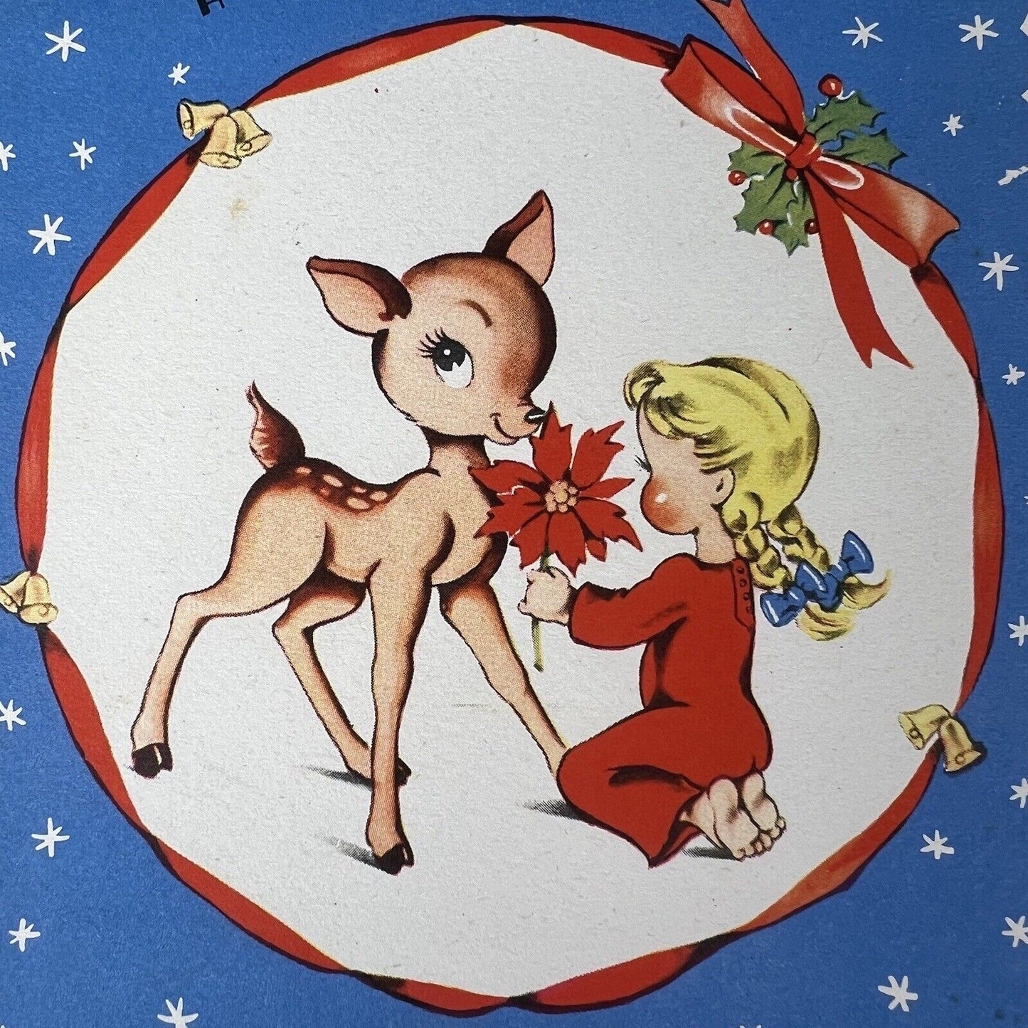 1940s How De Do Reindeer and Little Girl Vintage Christmas Card Mid Century