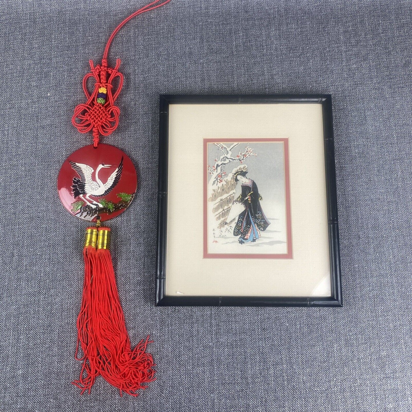 Asian Black Lacquer Decor Bird, Framed Art 11" x 9" Japanese 'A Beauty'